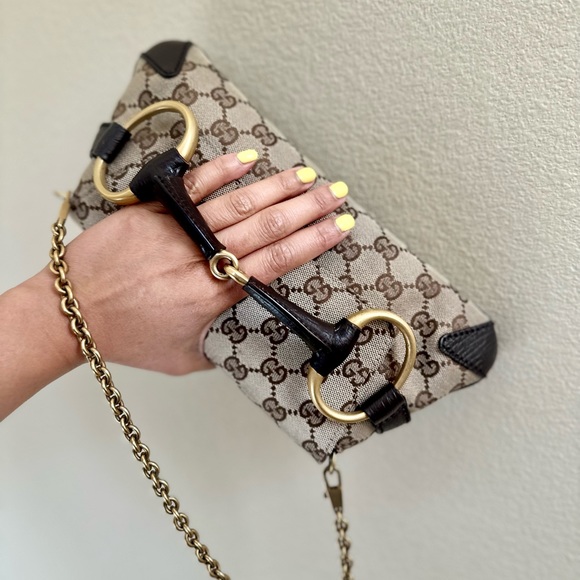 SOLD Gucci Horsebit Chain Clutch Bag Brown Monogram - Picture 3 of 16